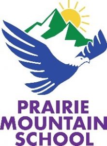 Prairie Mountain school logo: green illustrated mountain topped by yellow sun with blue and white eagle
