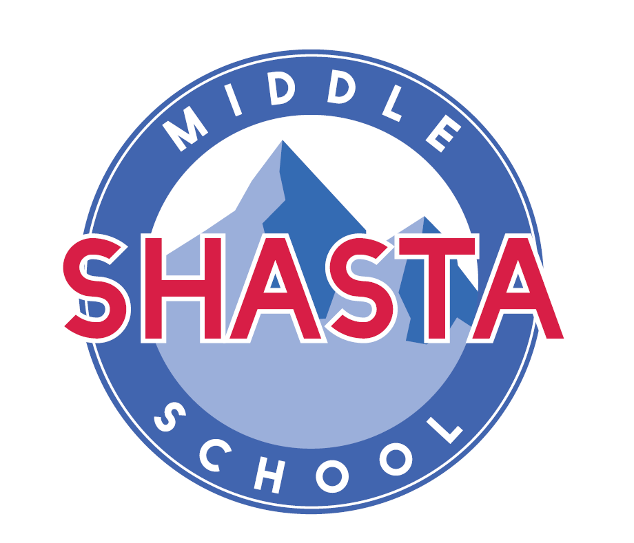 Shasta logo blue circle with the words Middle School spelled out, the word Shasta in red in the red overlaying a blue mountain