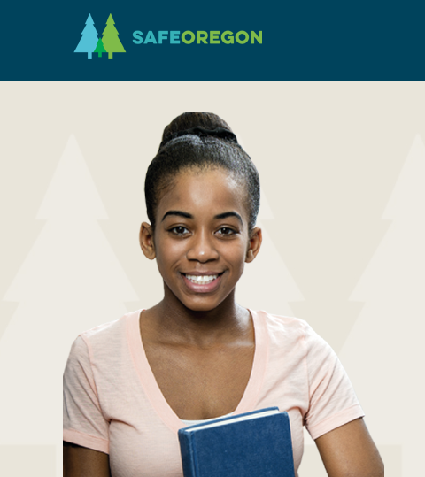safeoregon logo with girl standing underneath