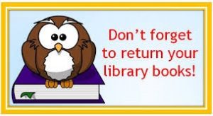 Graphic of owl and reminder to return library books