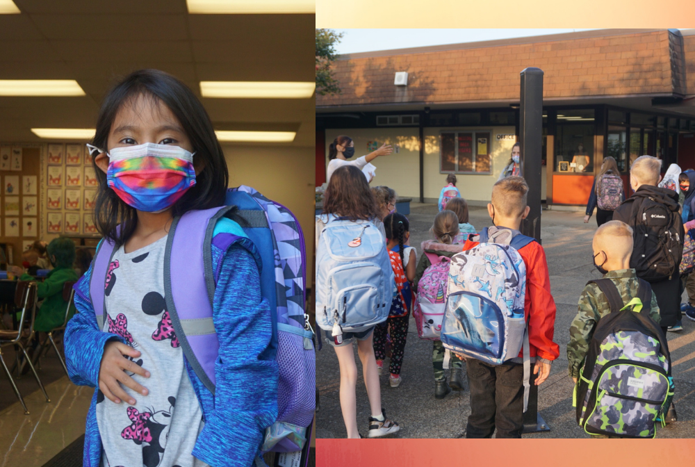 student with mask on; students with backpacks facing the Irving office