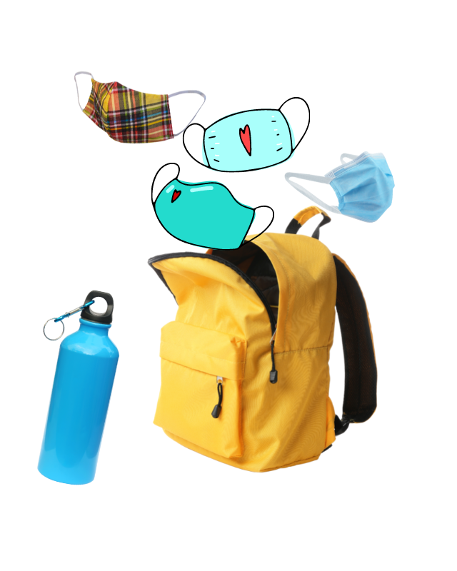 backpack, masks and water bottle