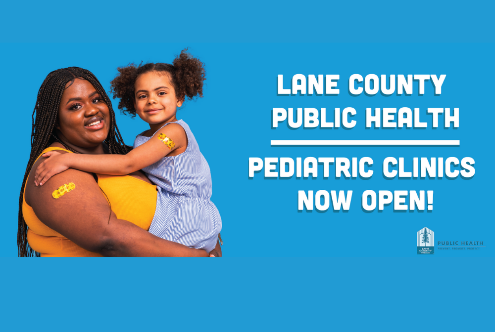Lane County Public Health poster shows a woman holding a child