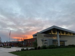 photo of the outside of Willamette High School at sunrise