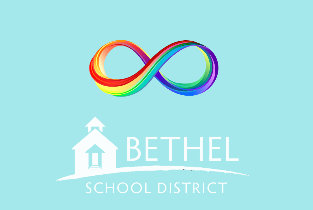 Autism acceptance infinity rainbow and Bethel School District logo