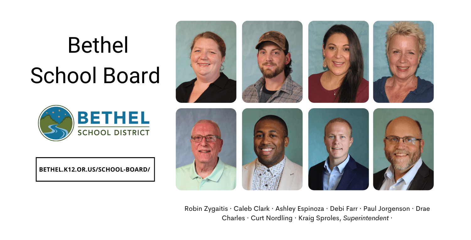 7 School board member profile photos with a green background and the superintendent. Bethel school logo on the left